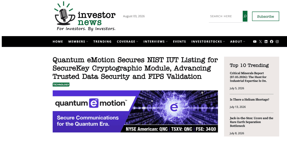 Quantum eMotion’s SecureKey Module Enters the NIST Validation Pipeline, and Why It Matters for Krown