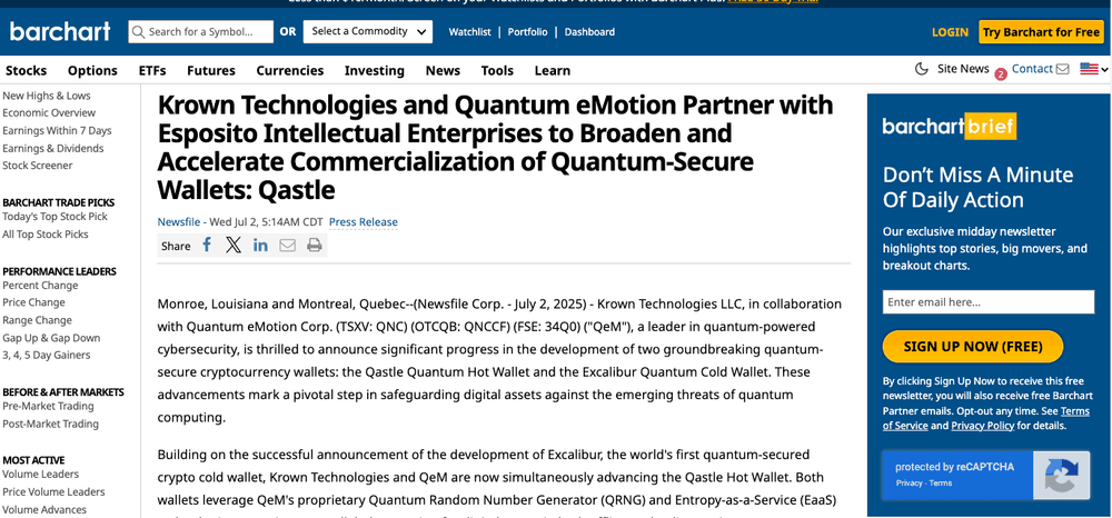 Krown Technologies and Quantum eMotion Partner with Esposito Intellectual Enterprises to Broaden and Accelerate Commercialization of Quantum-Secure Wallets: Qastle