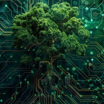 A green tree grows among the microcircuit. The topic of environmentally friendly use of the digital environment.